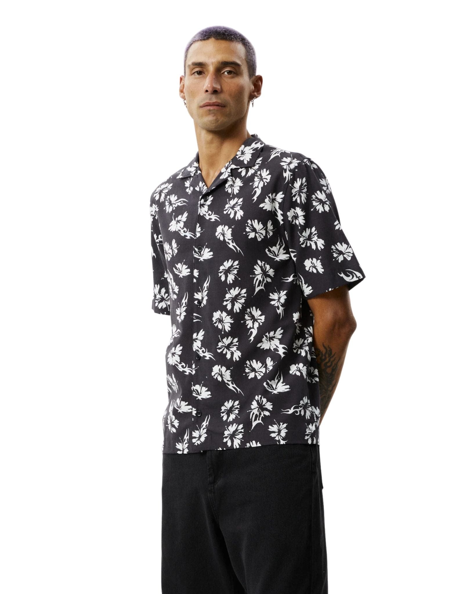 Afends Mens Hibiscus Cuban Shirt - Black