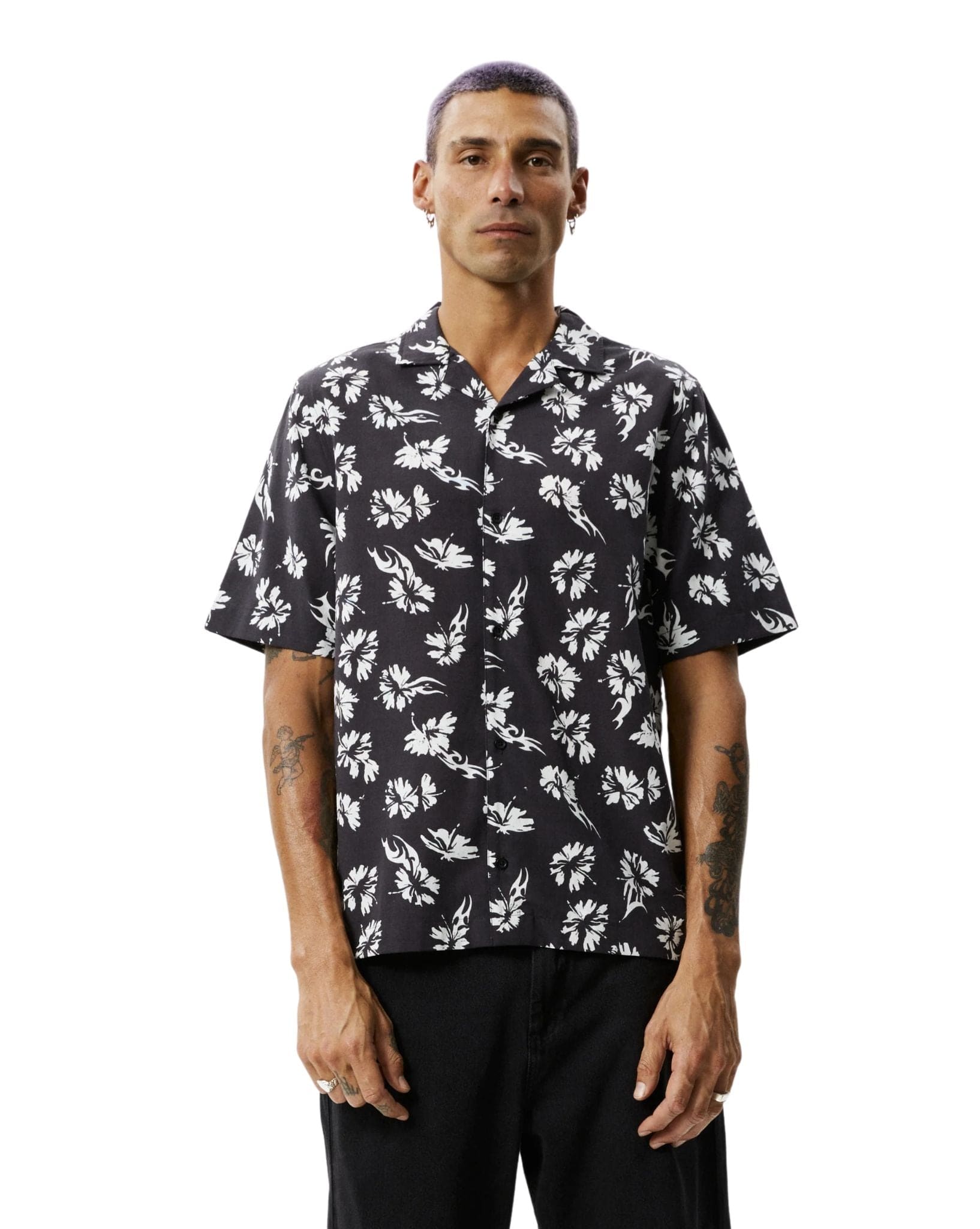 Afends Mens Hibiscus Cuban Shirt - Black