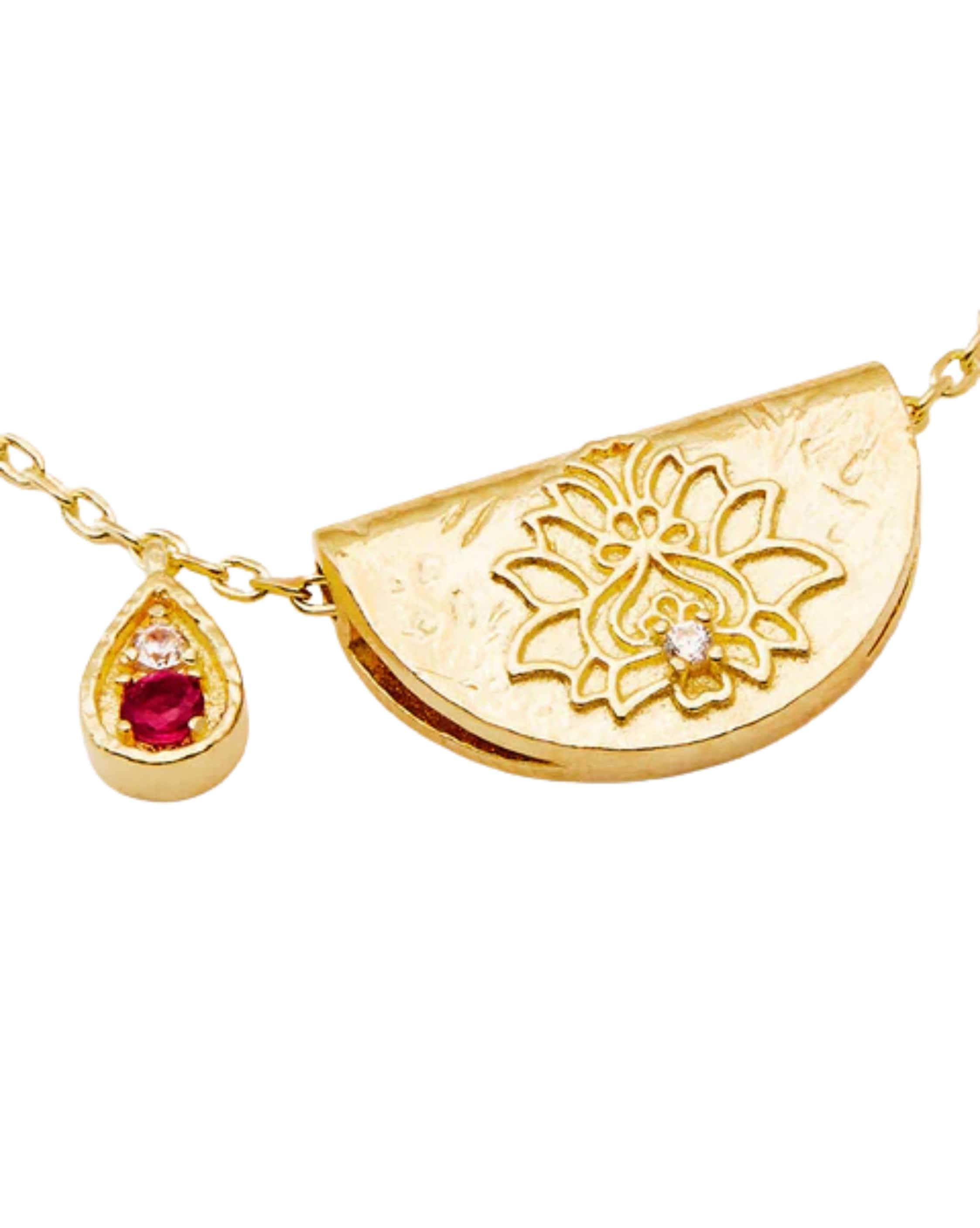 By Charlotte 18k Gold Vermeil Lotus Birthstone Necklace - July - Ruby