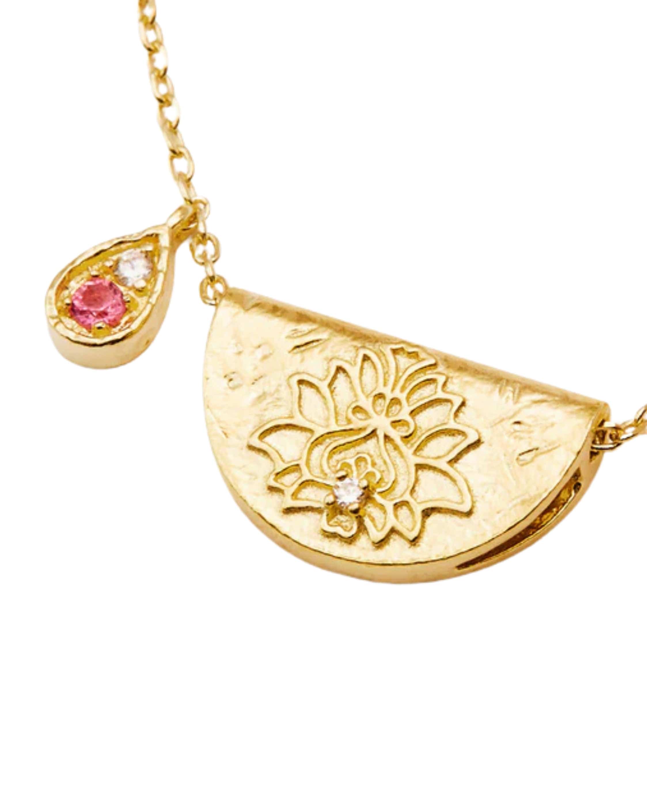 By Charlotte 18k Gold Vermeil Lotus Birthstone Necklace - October - Pink Tourmaline