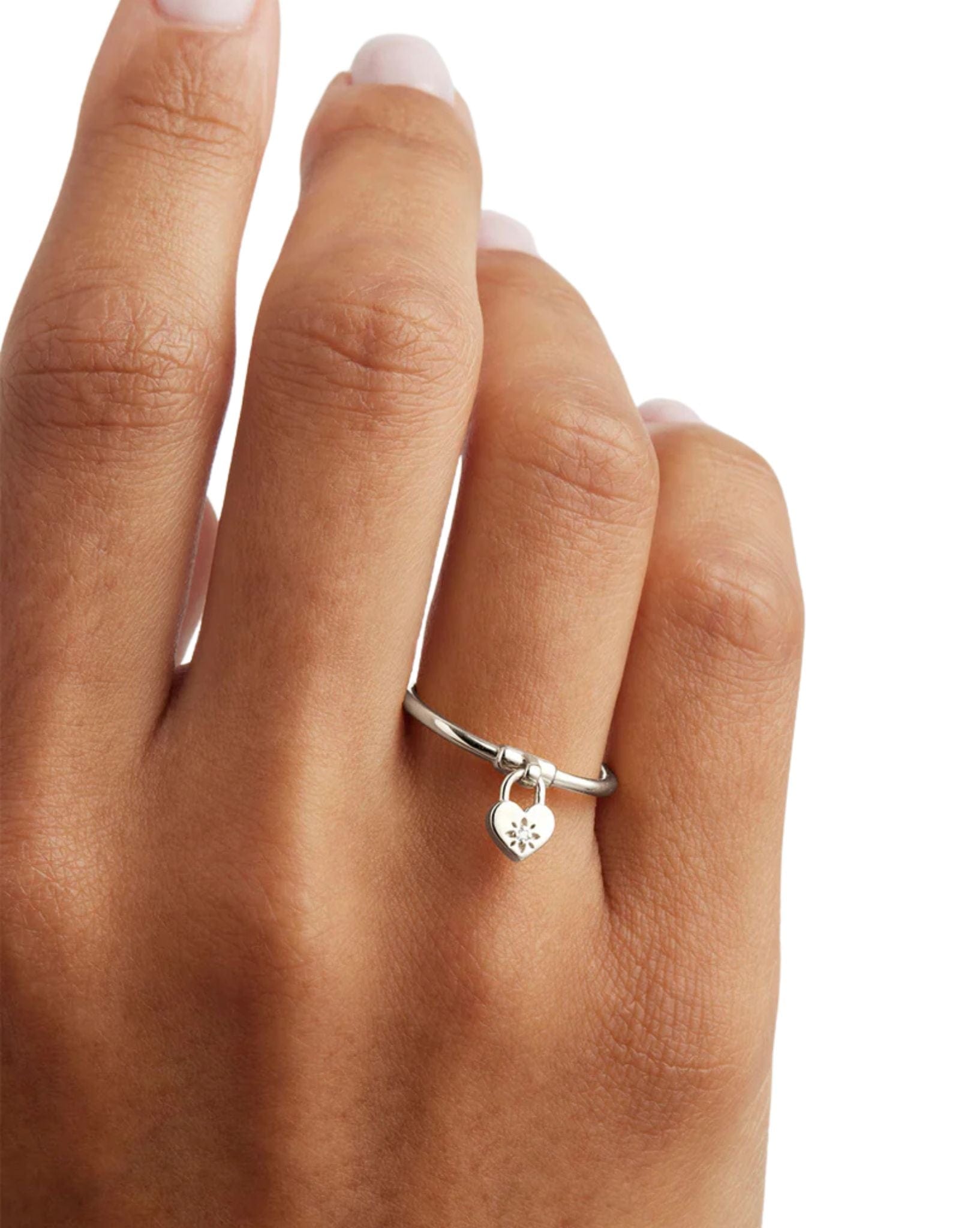 By Charlotte Silver Crystal Lotus Heart Padlock Ring