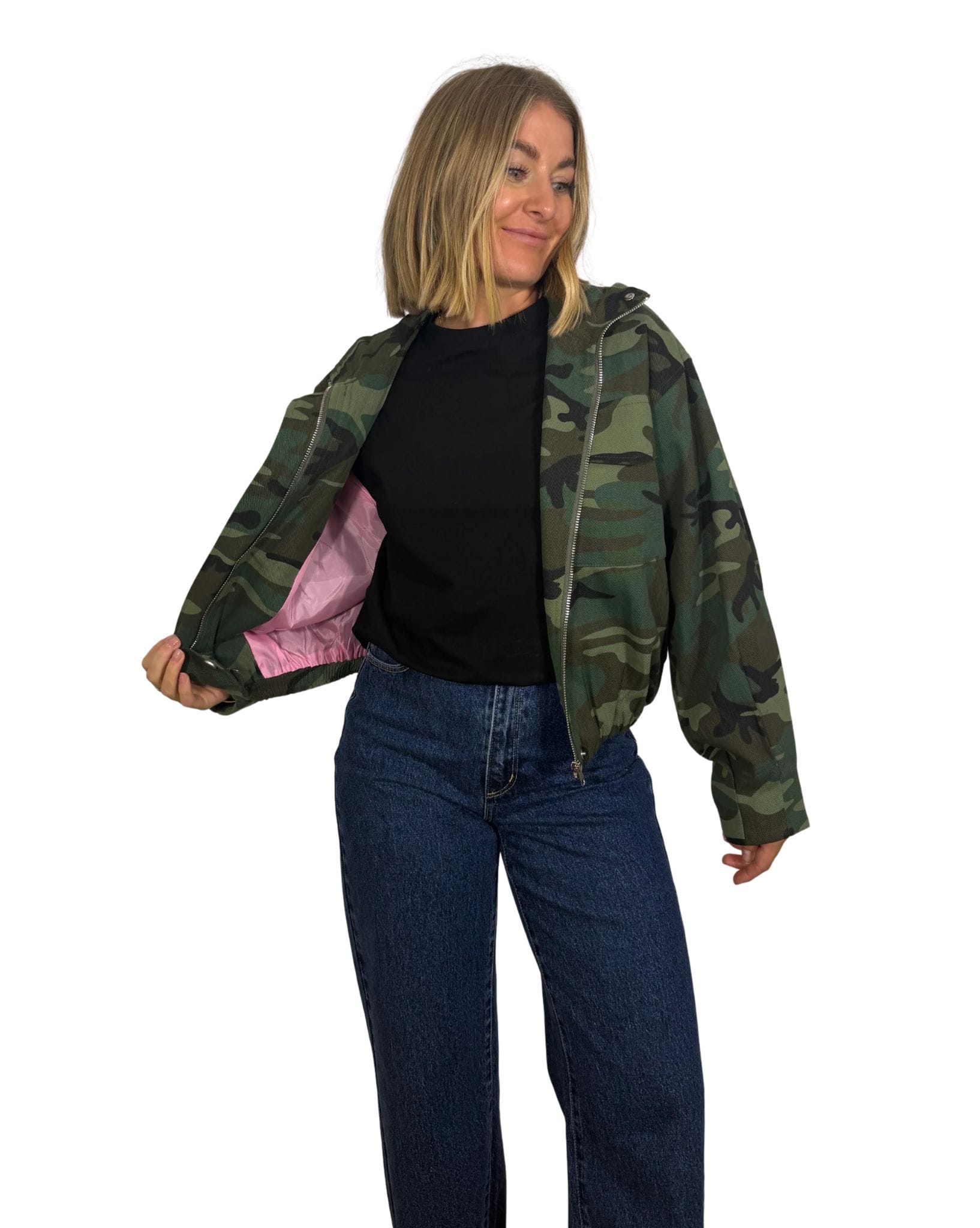By Frankie Camo Bomber Jacket With Pink Lining