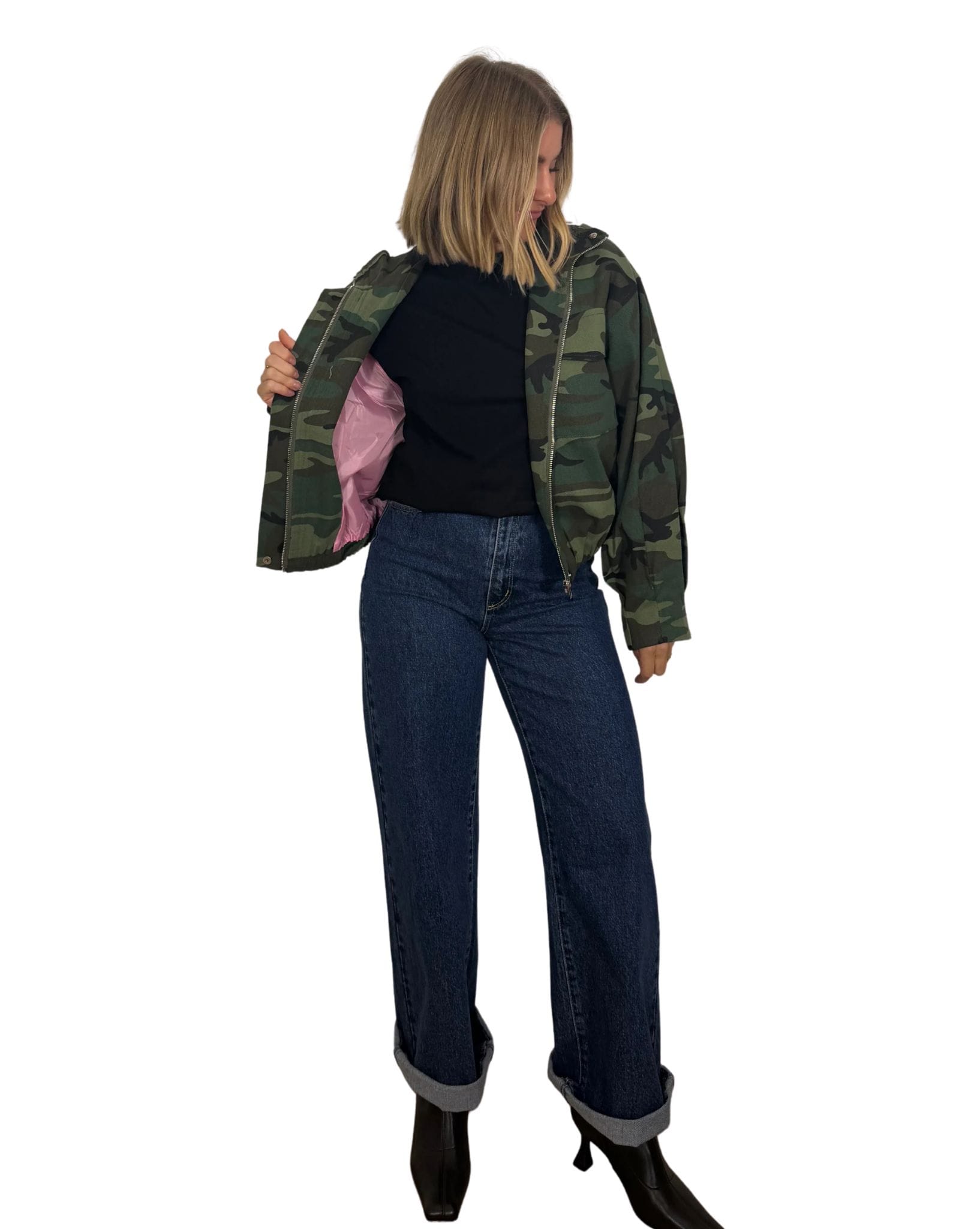 By Frankie Camo Bomber Jacket With Pink Lining