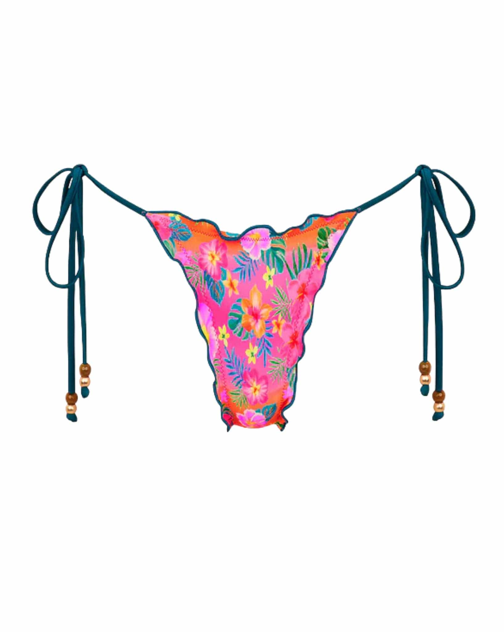 Kulani Kinis Lettuce Edge Thong Tie Bikini Bottom - Summer Glow