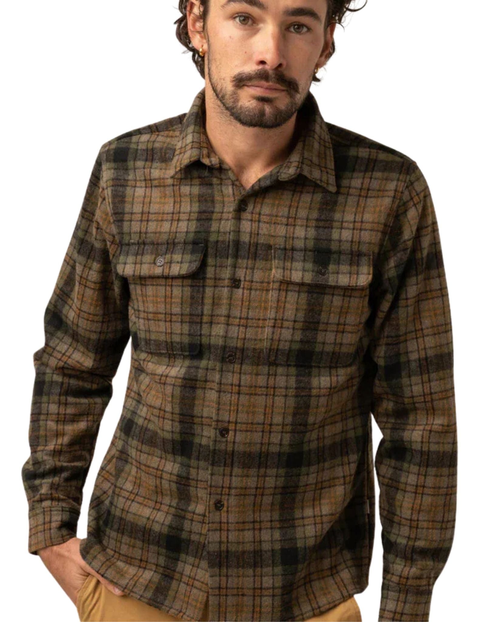 Rhythm Mens Check Ls Shirt - Olive