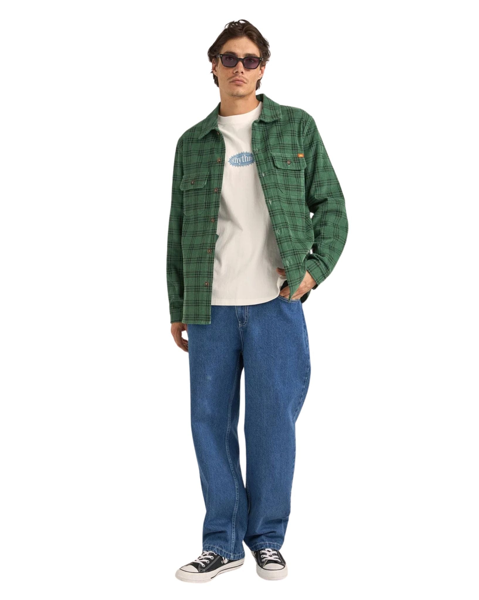 Rhythm Mens Cord Check Overshirt - Green