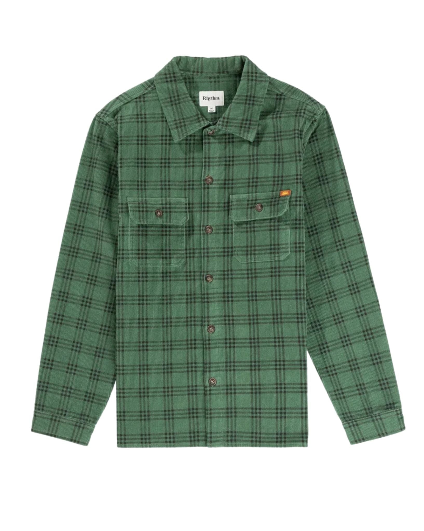 Rhythm Mens Cord Check Overshirt - Green