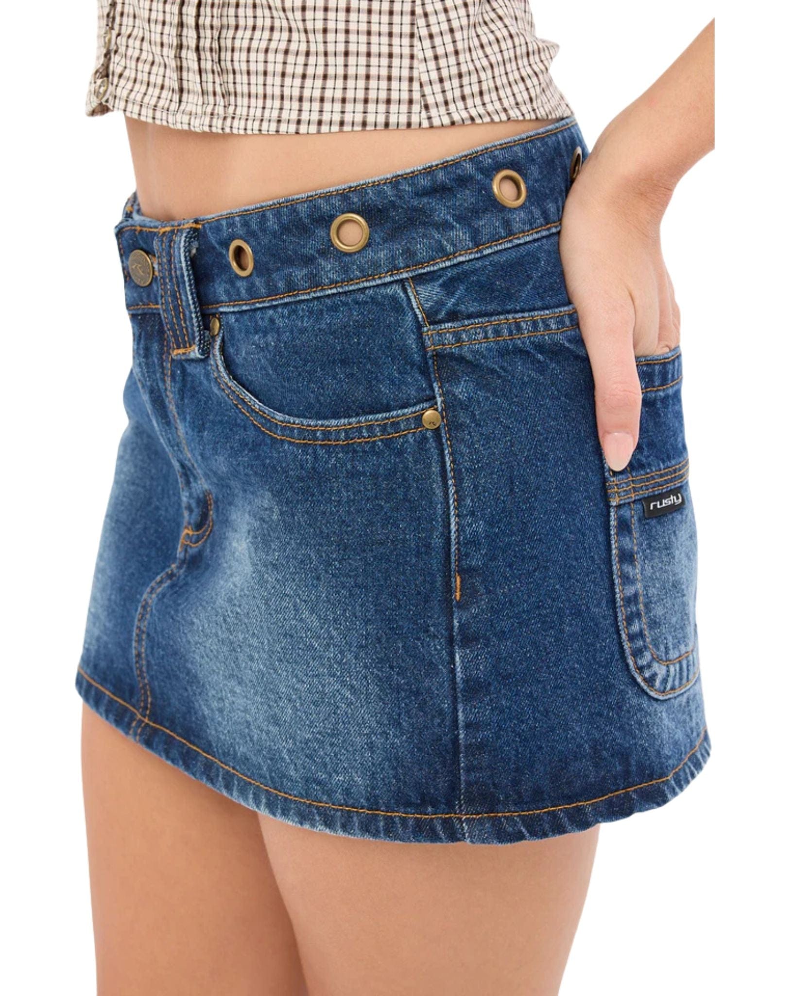 Rusty Blasted Eye Let Loose Denim Micro Skirt