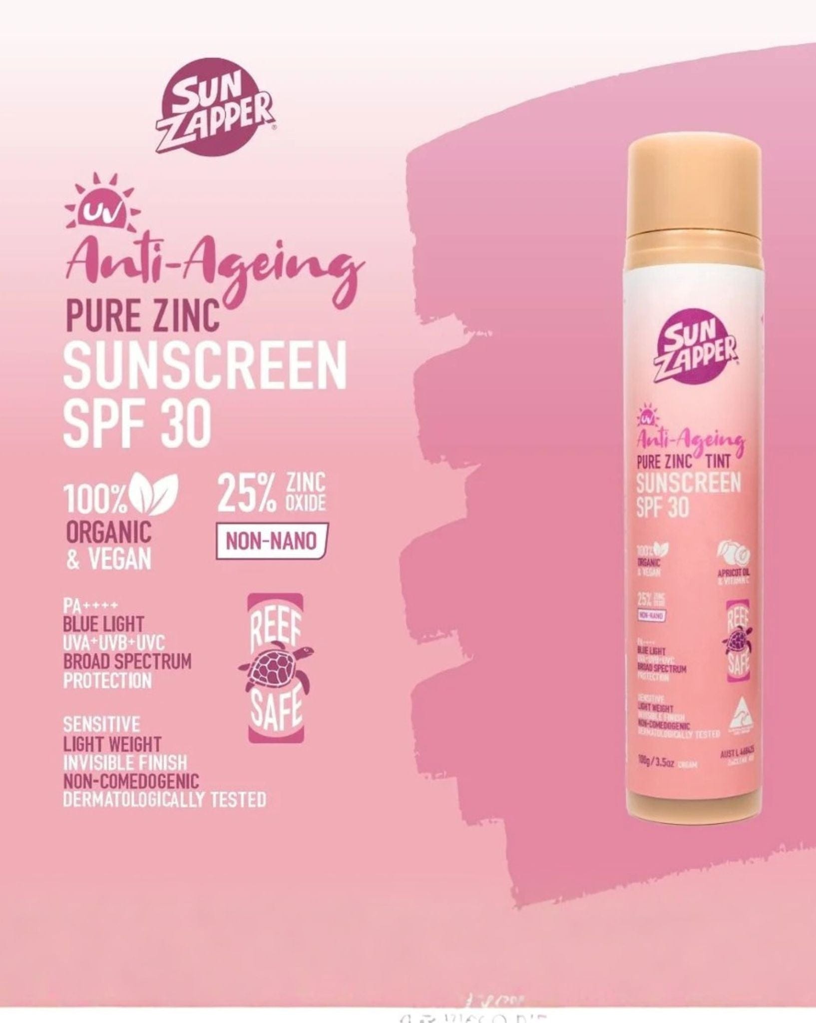 Sun Zapper Anti Ageing Pure Zinc Sunscreen SPF 30 Air Pump 100g