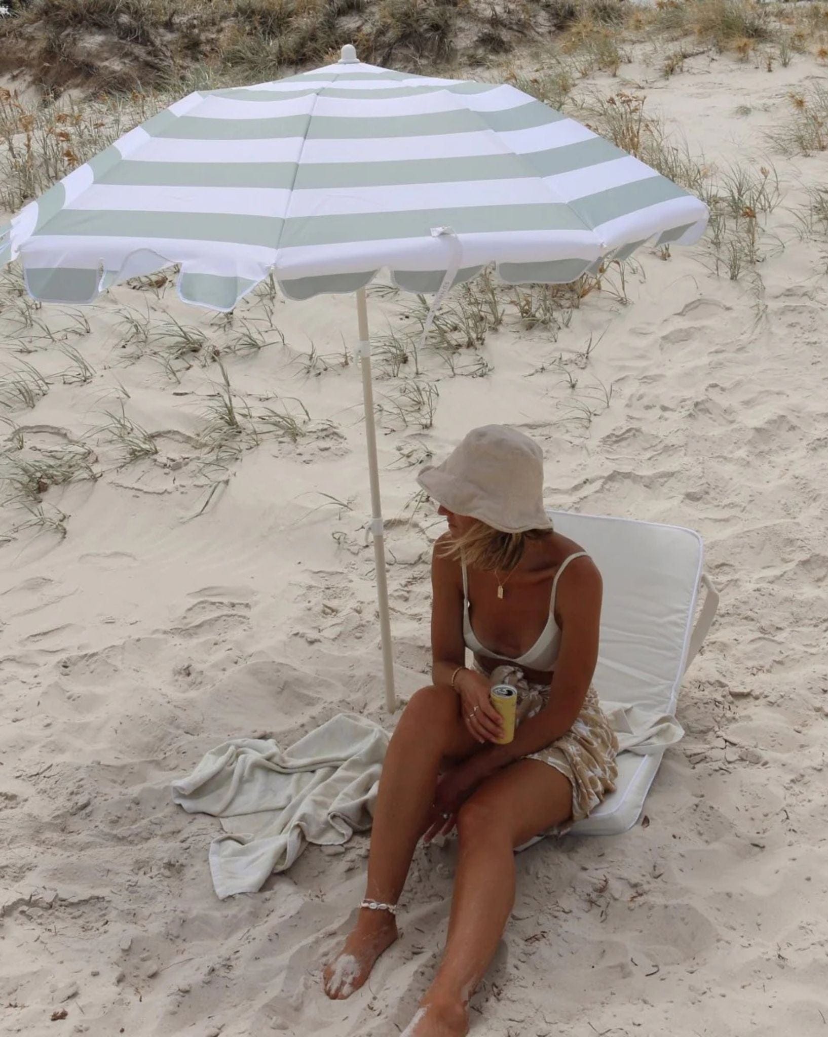SunnyLife Compact Beach Umbrella Sea Sage Stripe