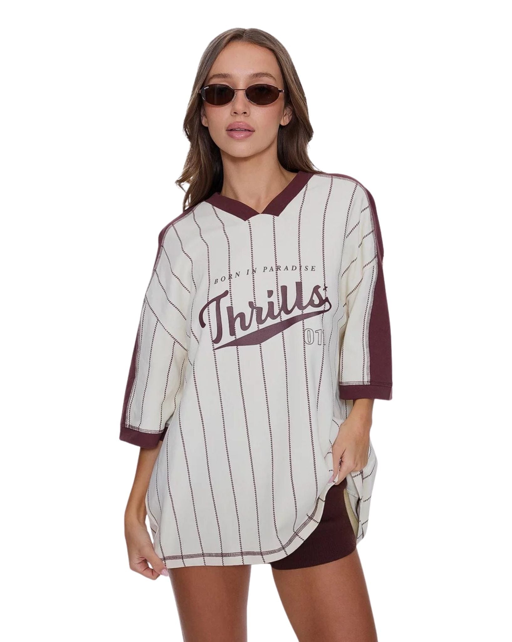 Thrills Baseline Stripe V - Neck Oversized Tee