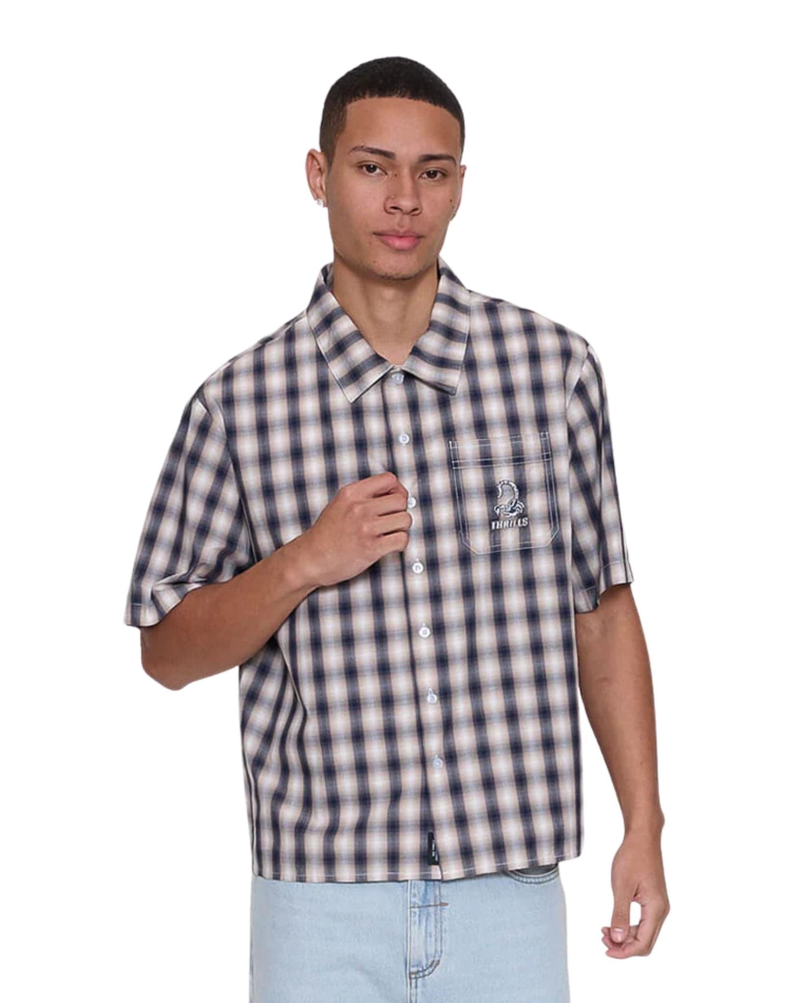 Thrills Paradise Falling Short Sleeve Cropped Check Work Shirt