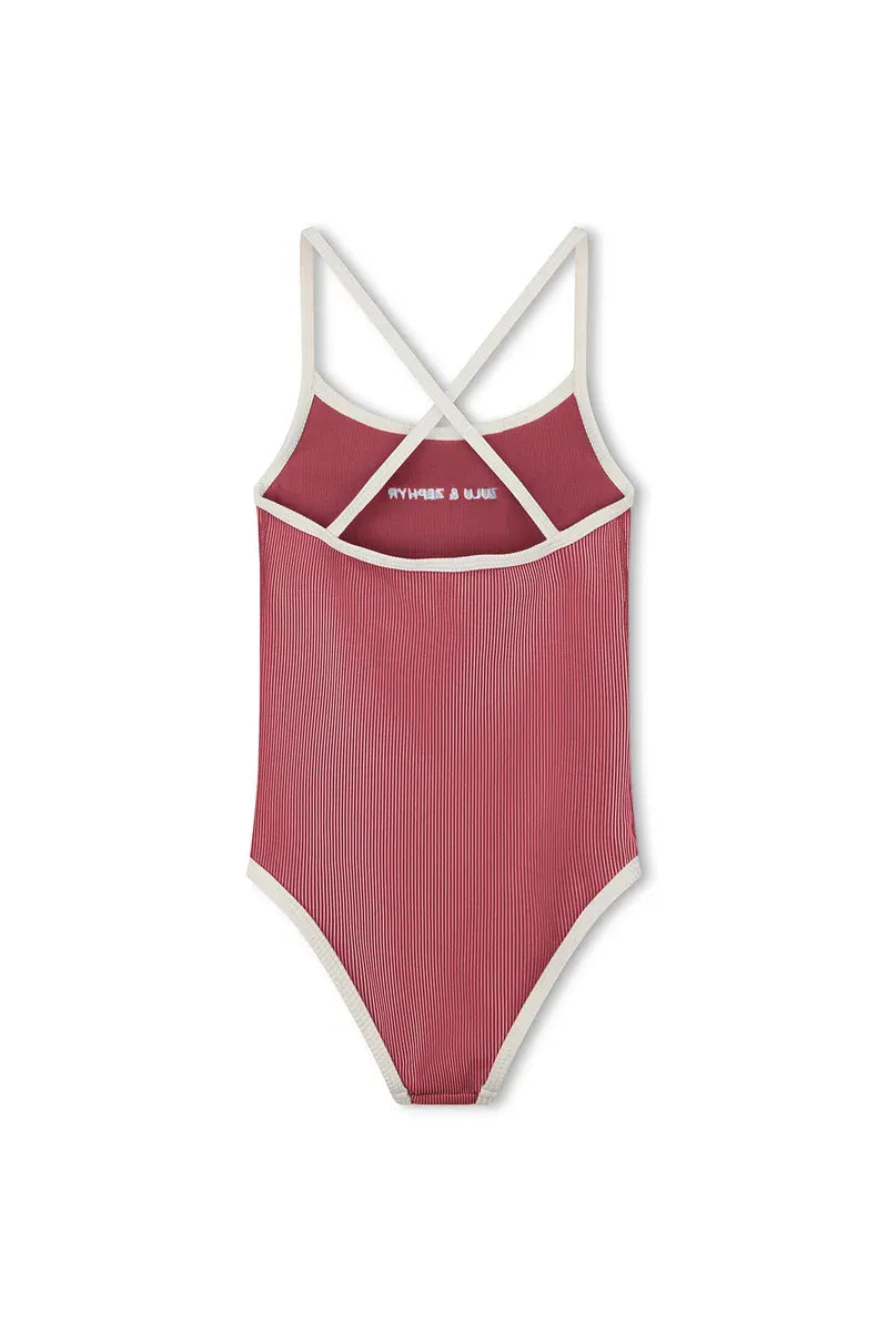 Zulu & Zephyr Girls Mini Stripe Logo One Piece - Clay Red