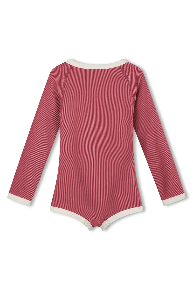 Zulu & Zephyr Girls Mini Stripe Rashie Onesie - Clay Red