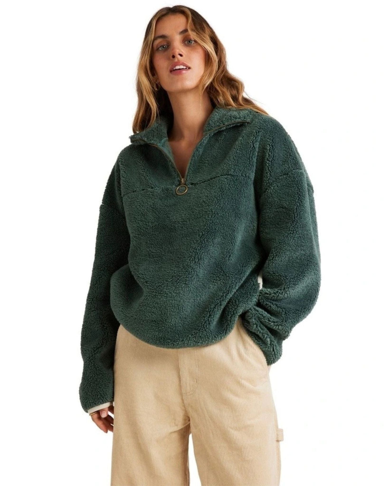 Billabong Womens Old Days Half Zip Crew - Forest