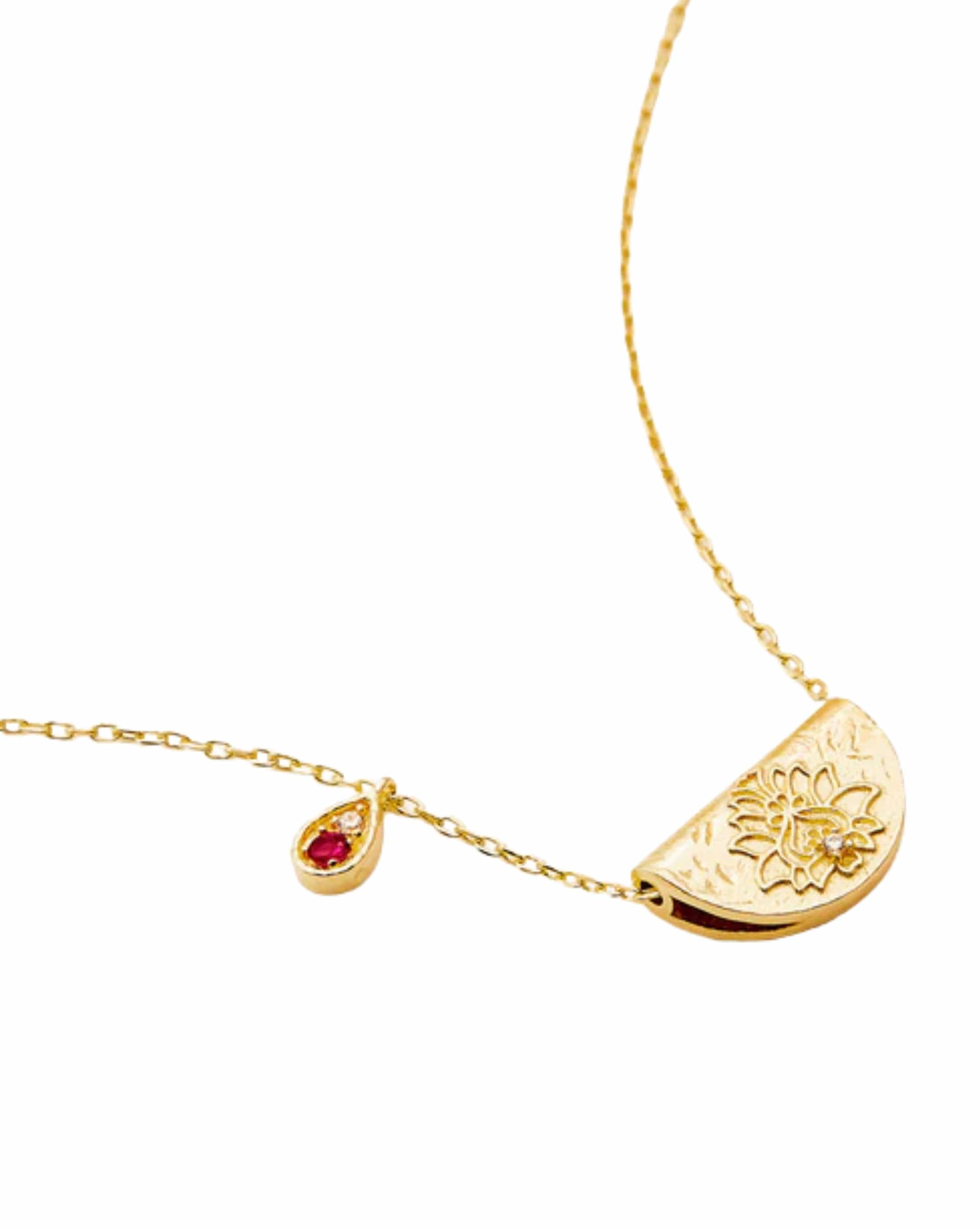 By Charlotte 18k Gold Vermeil Lotus Birthstone Necklace - July - Ruby