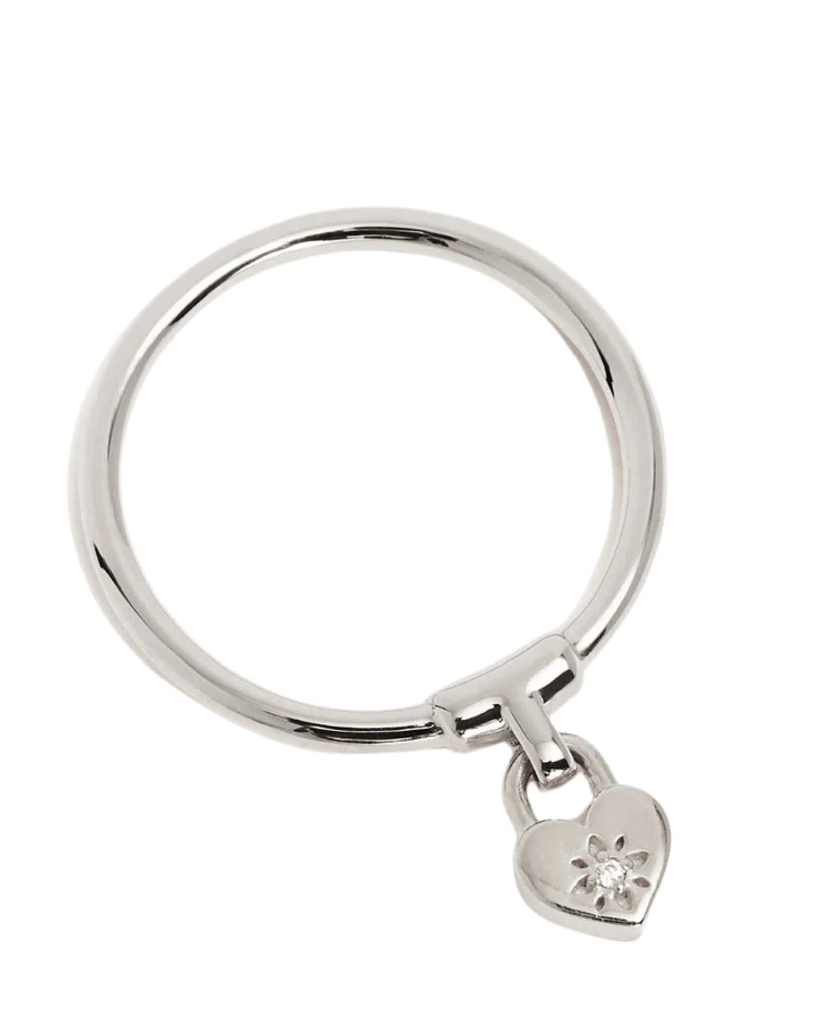 By Charlotte Silver Crystal Lotus Heart Padlock Ring