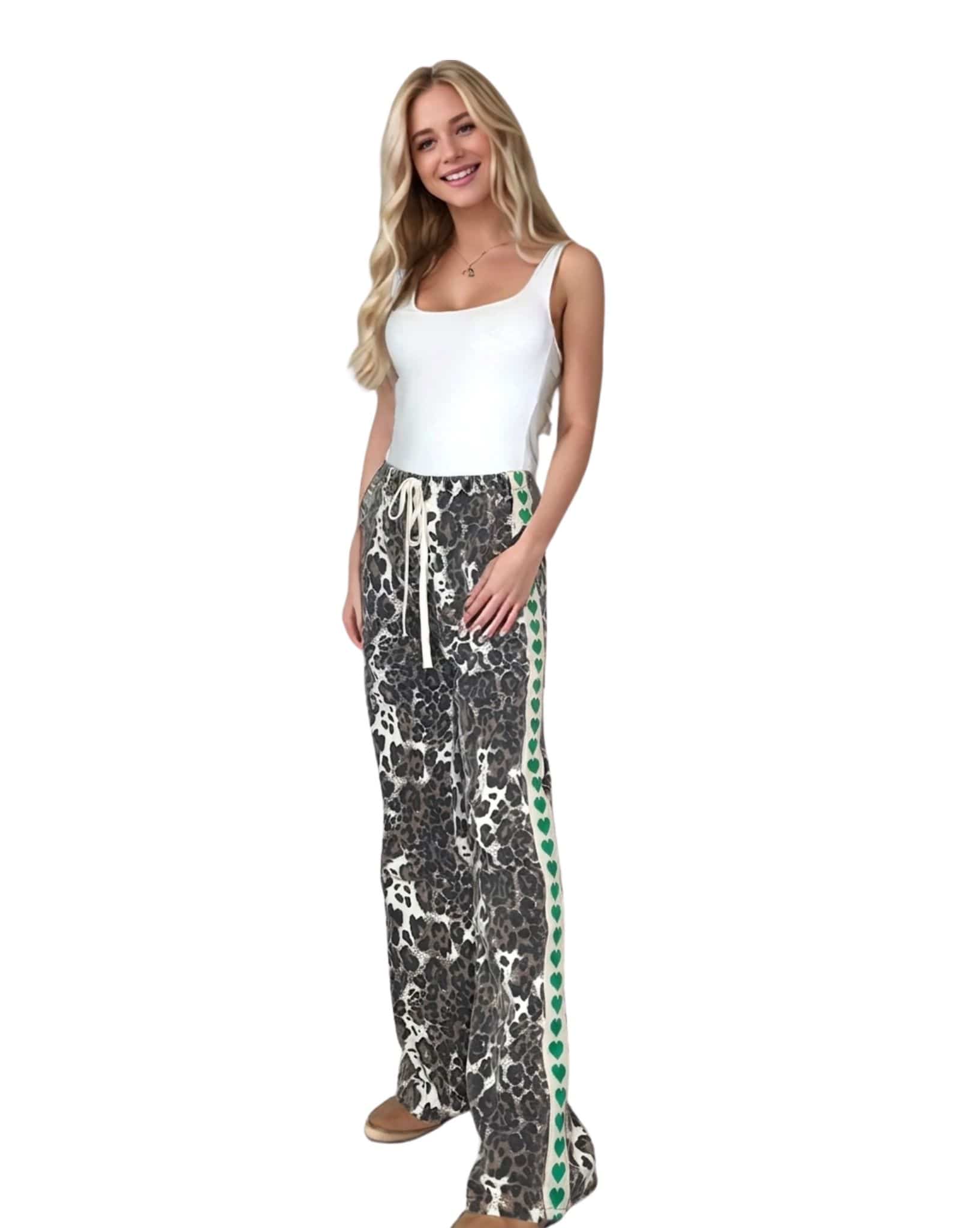 By Frankie Dark Leopard Pants with Green Heart