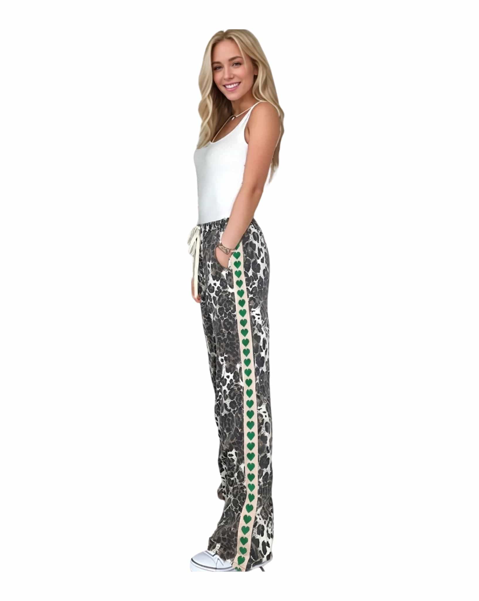 By Frankie Dark Leopard Pants with Green Heart