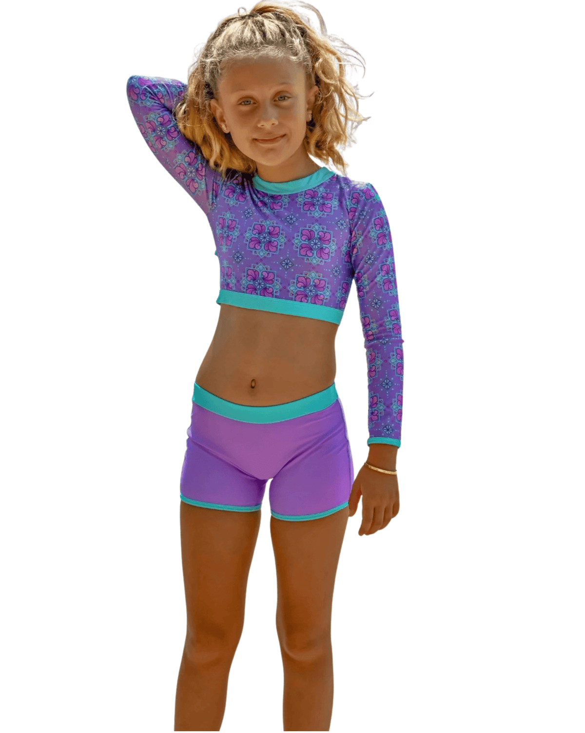 Fernleigh Avenue Bell Open Back Girls Swim Shorts Set - Purple