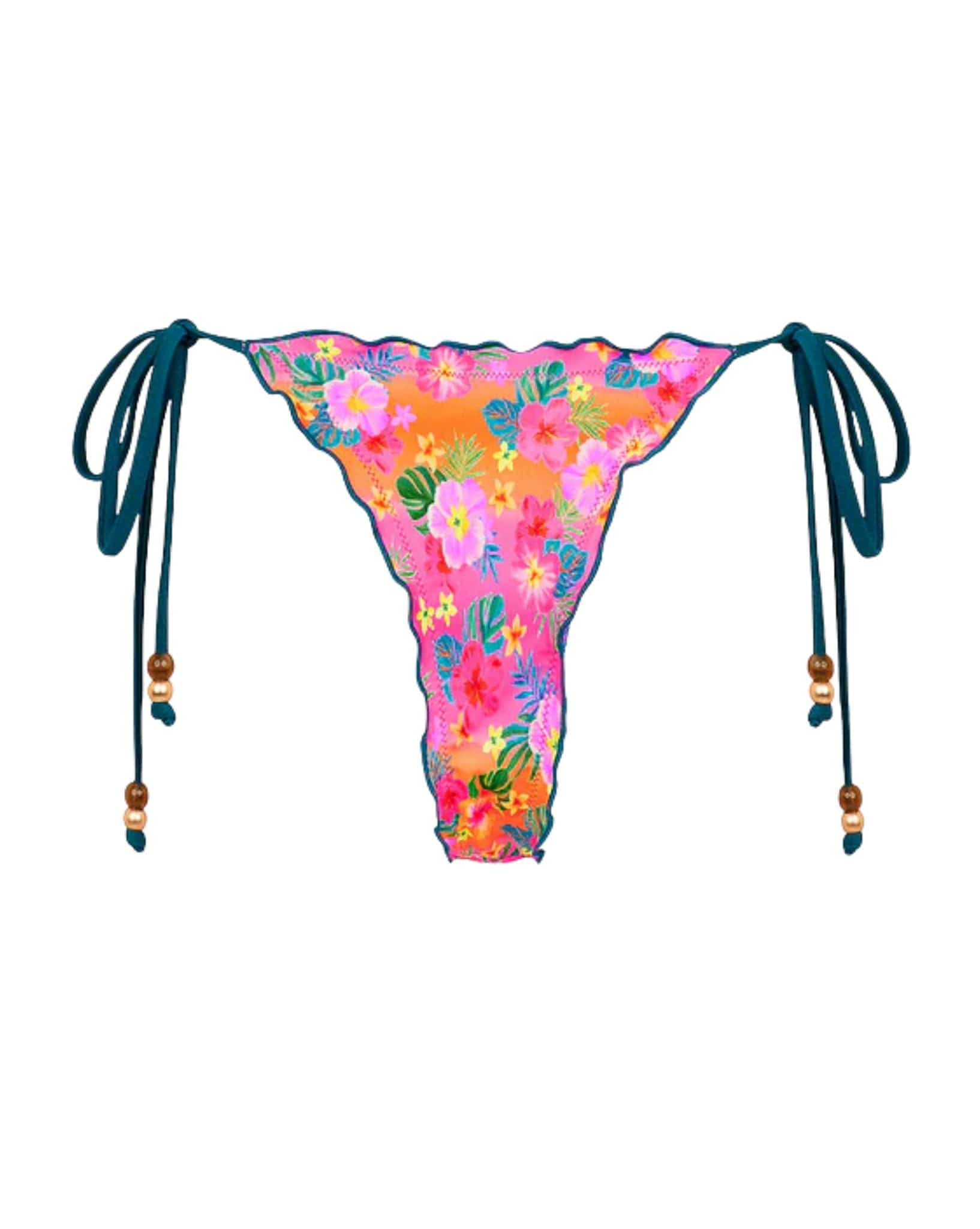 Kulani Kinis Lettuce Edge Thong Tie Bikini Bottom - Summer Glow