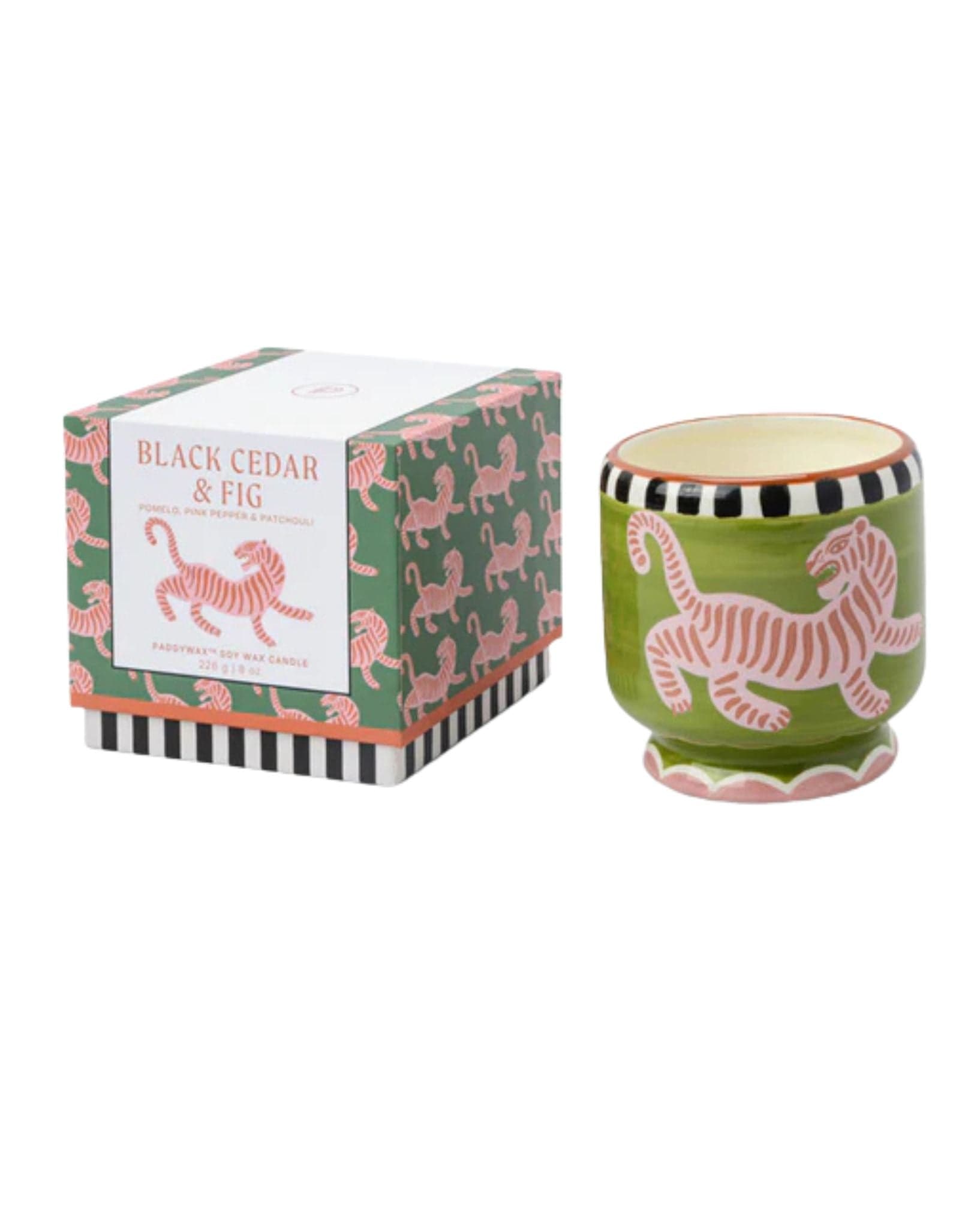 Paddywax Adopo 8 oz/226g Tiger Ceramic Candle-Black Cedar & Fig Boxed