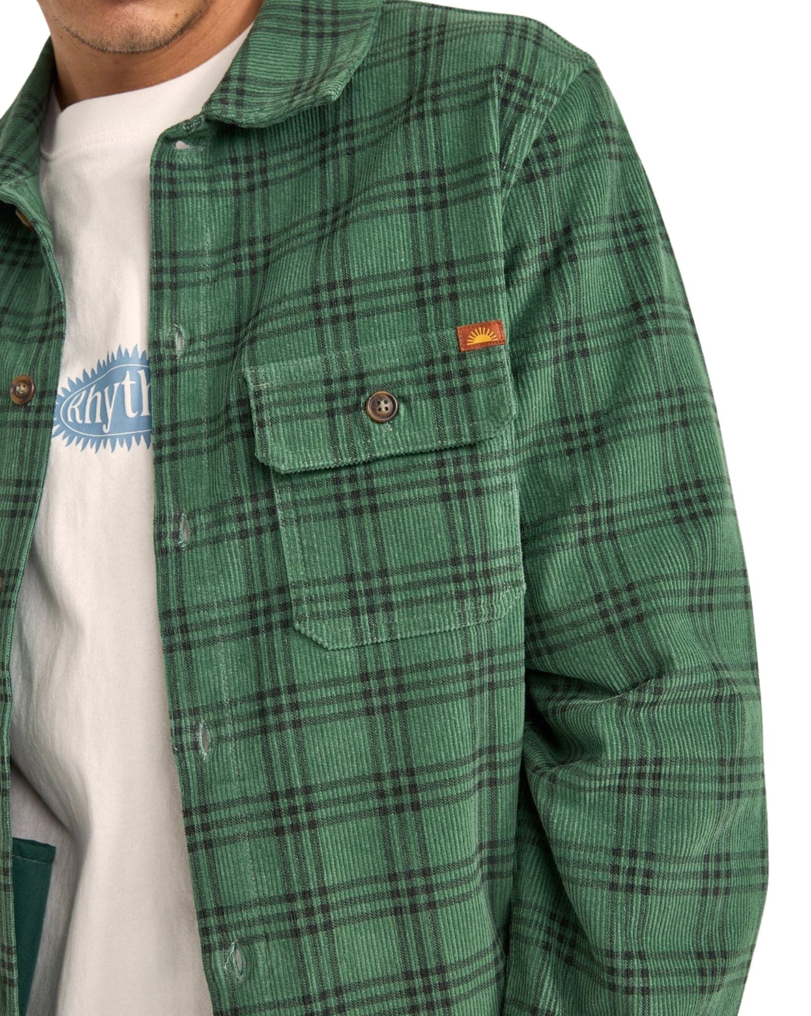 Rhythm Mens Cord Check Overshirt - Green