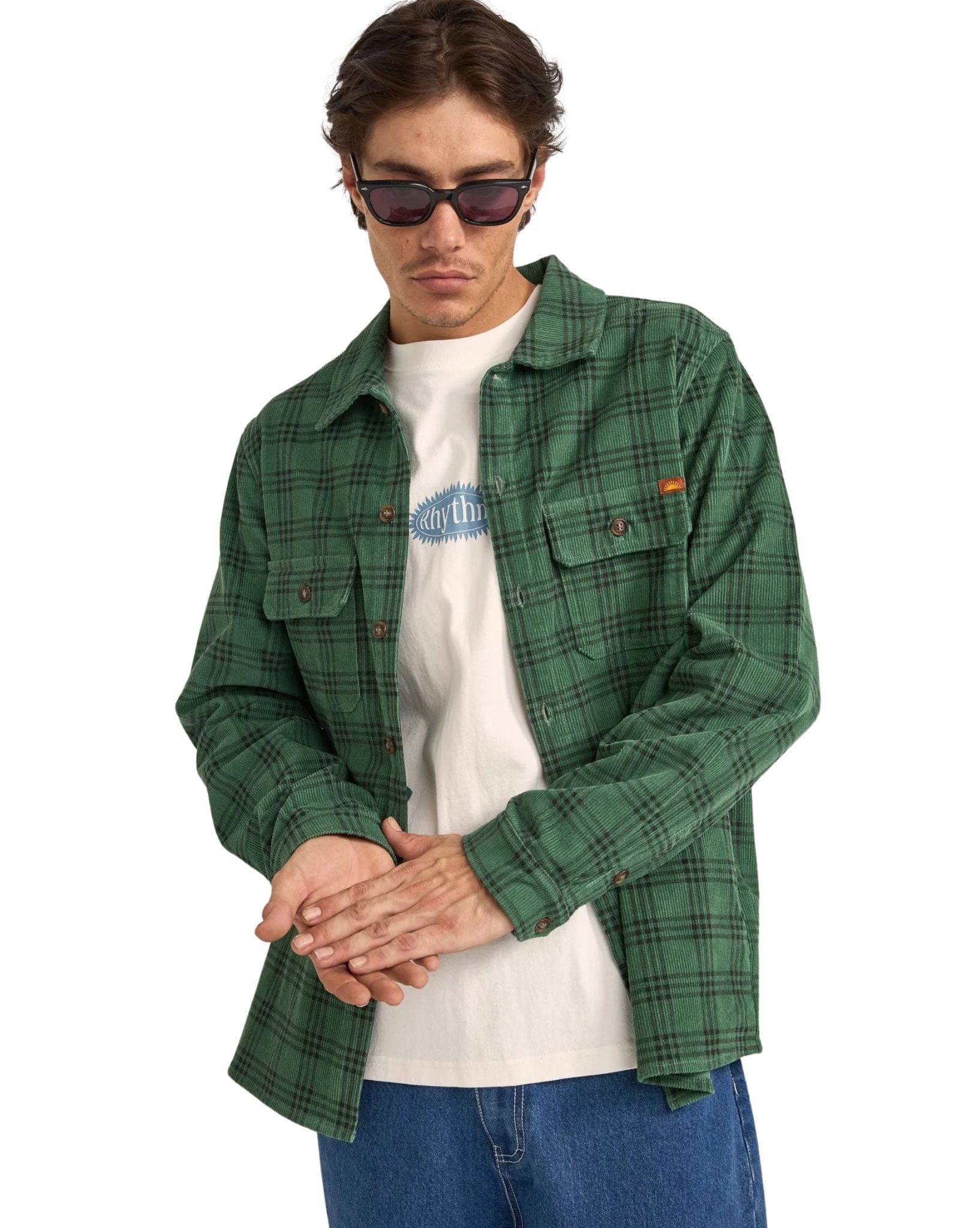 Rhythm Mens Cord Check Overshirt - Green