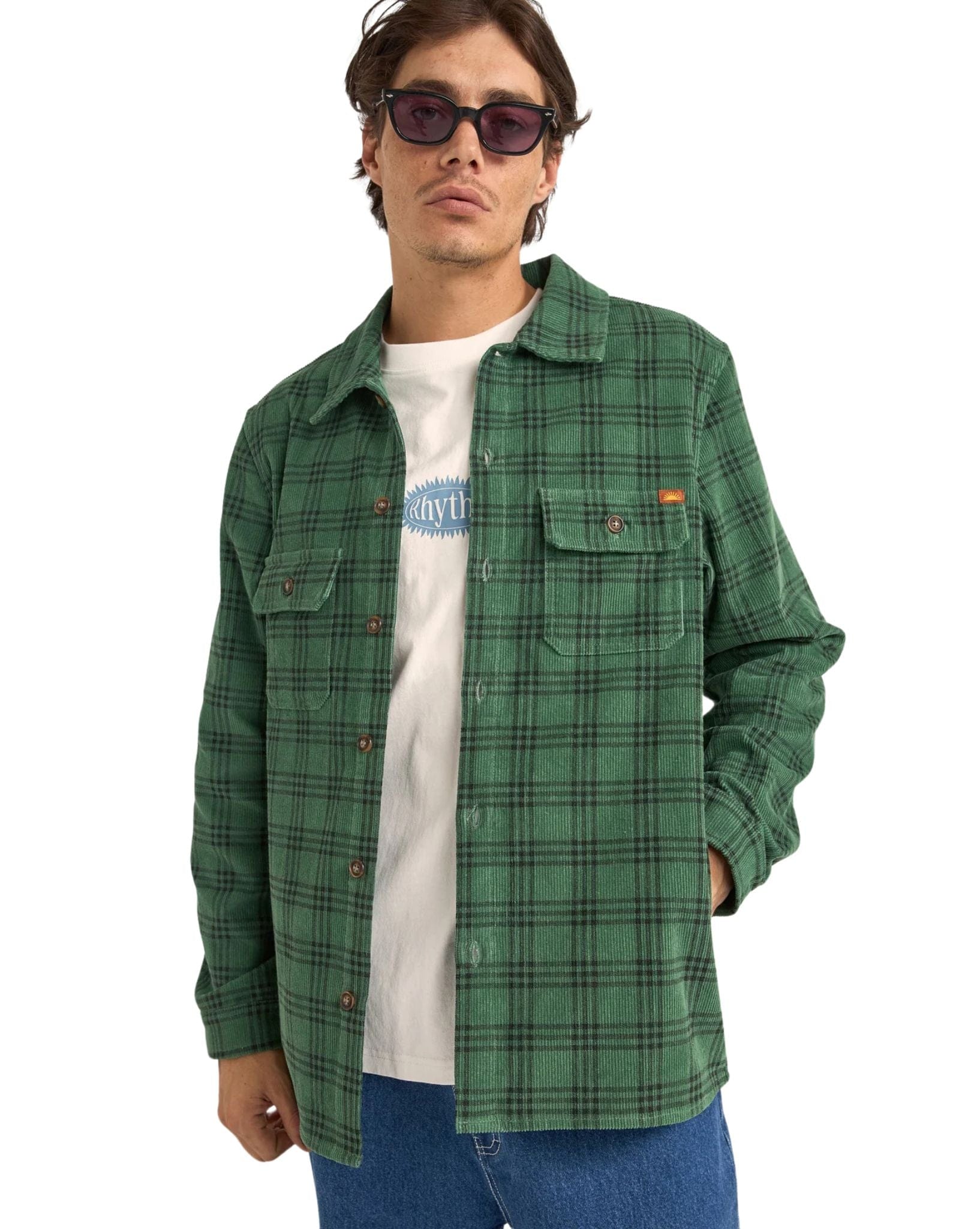 Rhythm Mens Cord Check Overshirt - Green