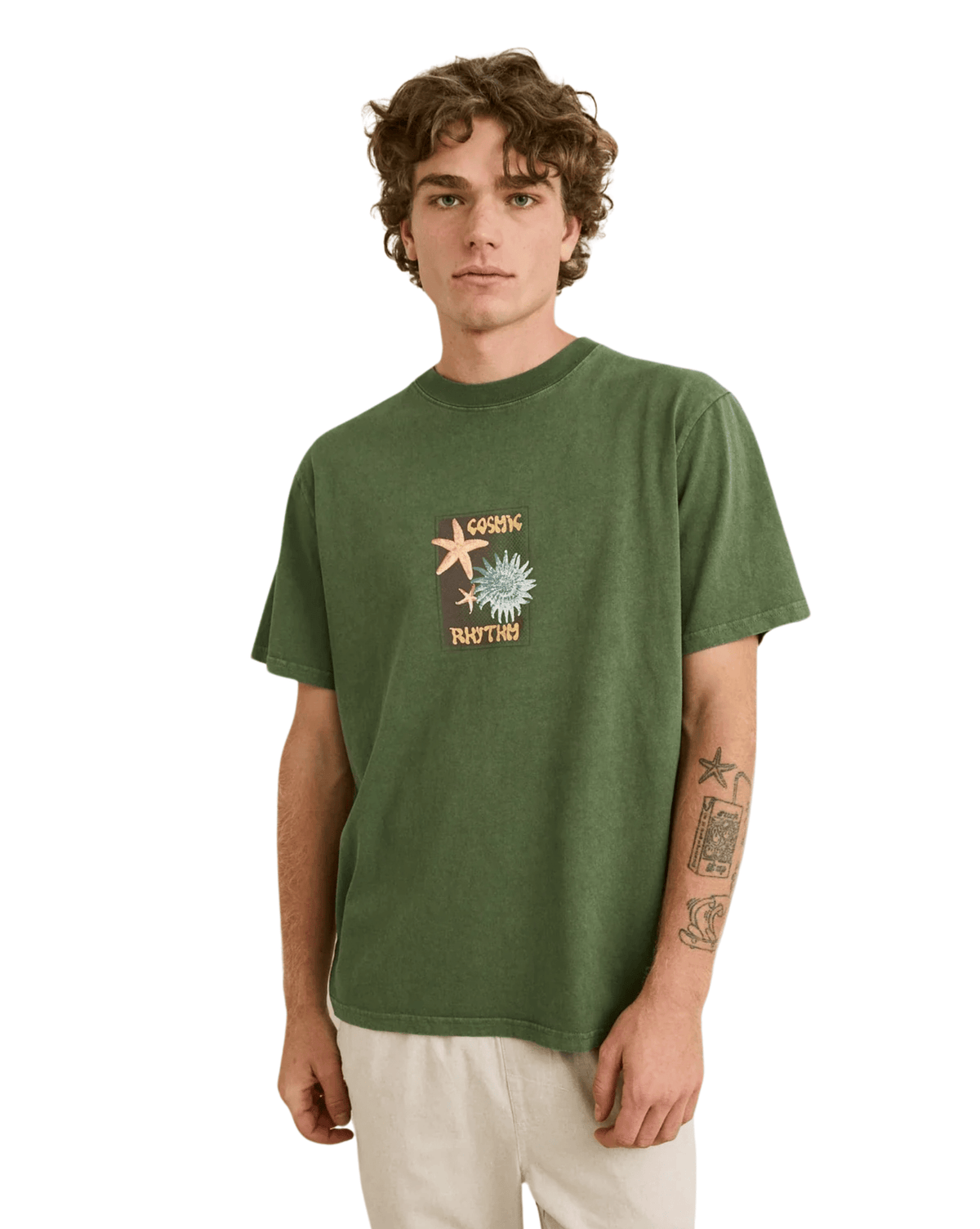Rhythm Mens Rhythm Starfish Vintage Ss T-Shirt - Dill Green