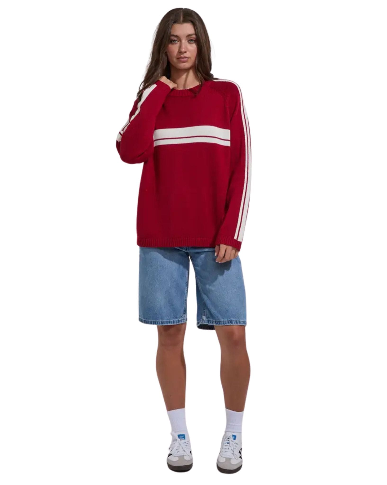 Rusty Womens White Lines Ls Crew Neck Knit