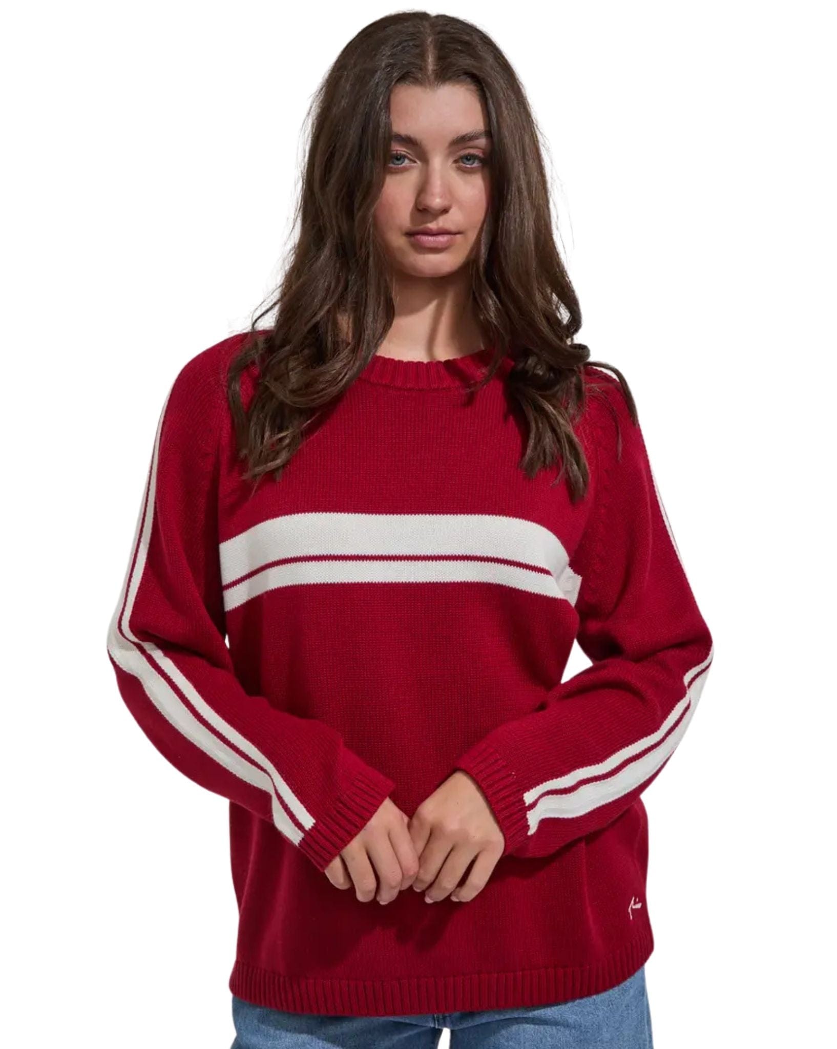 Rusty Womens White Lines Ls Crew Neck Knit