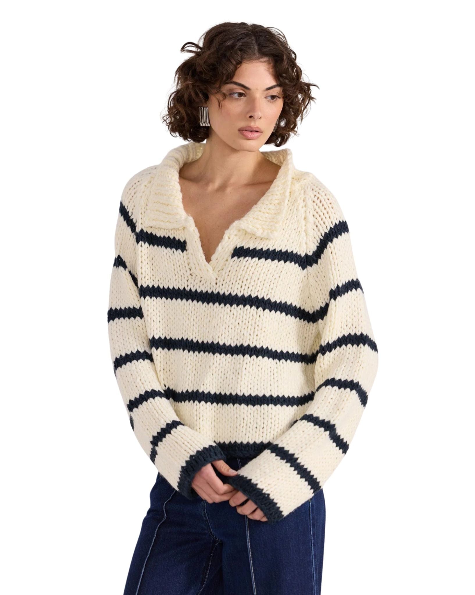 Staple the label Womens Frankie Stripe Jumper - Cream I Navy