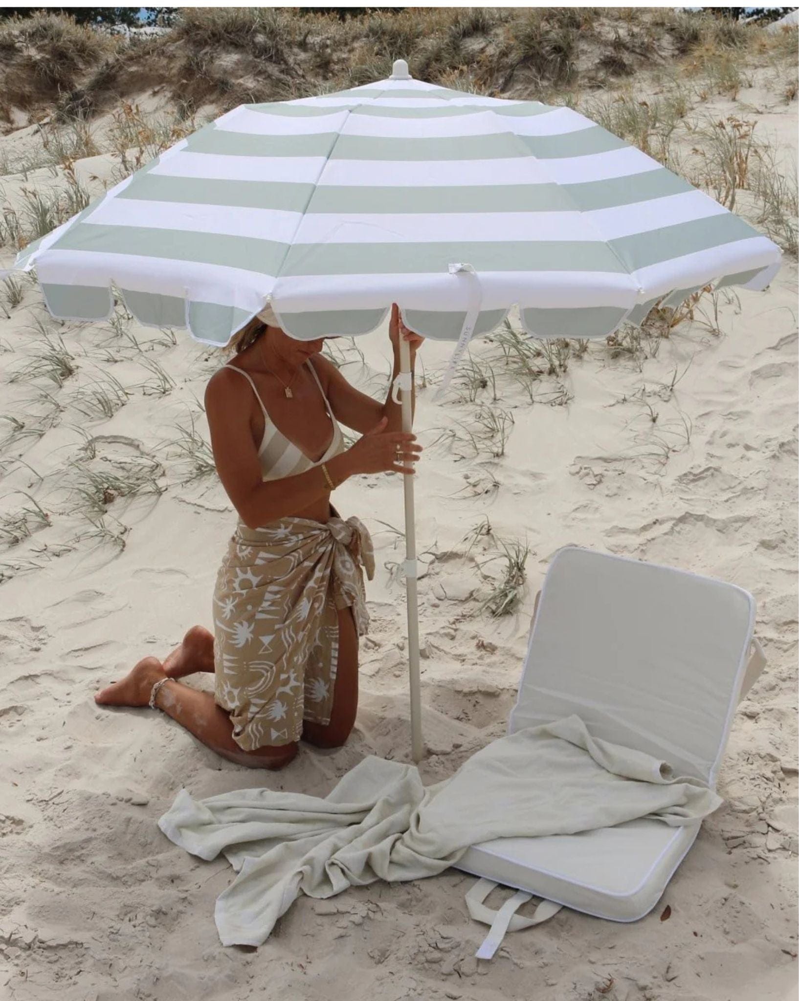 SunnyLife Compact Beach Umbrella Sea Sage Stripe