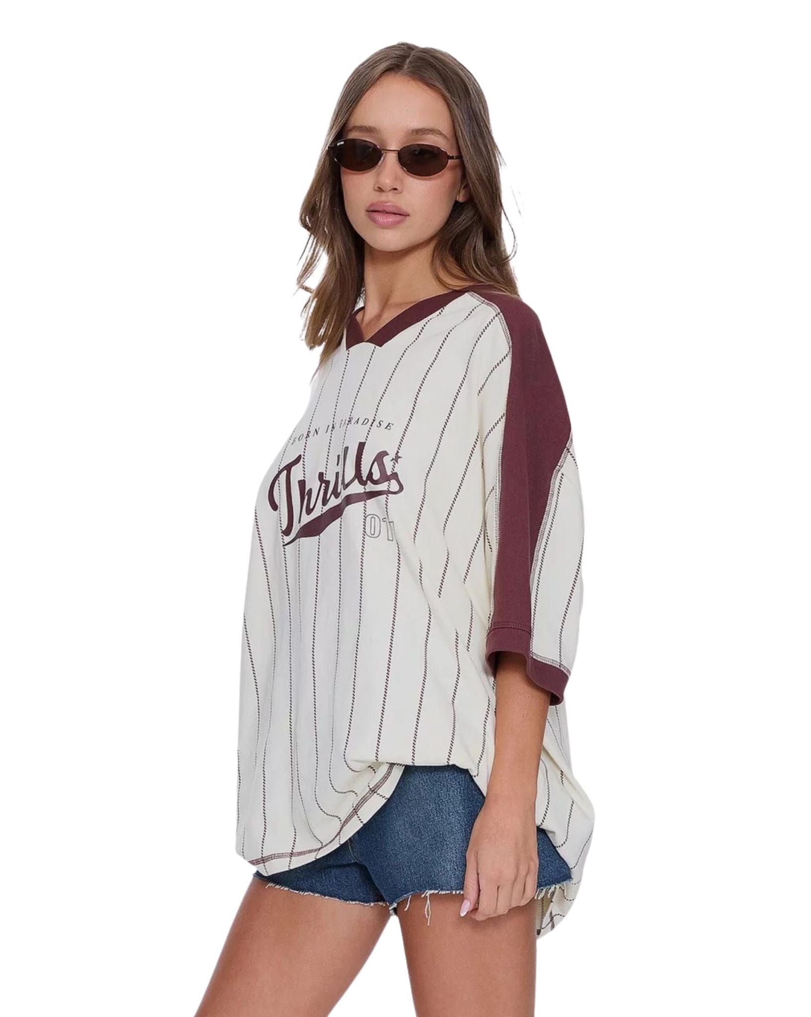 Thrills Baseline Stripe V - Neck Oversized Tee