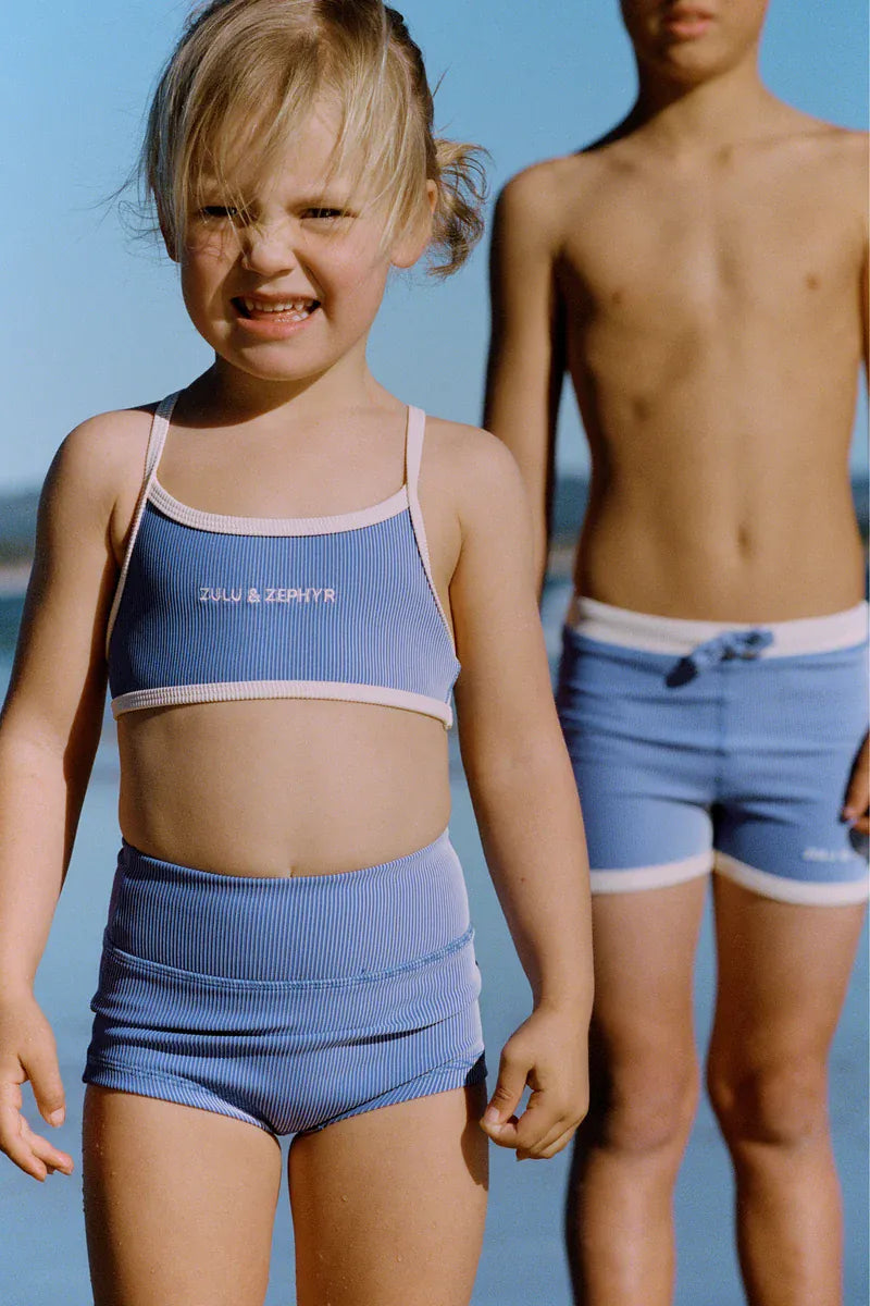 Zulu & Zephyr Girls Mini Stripe Logo Bikini Top - Sea Blue