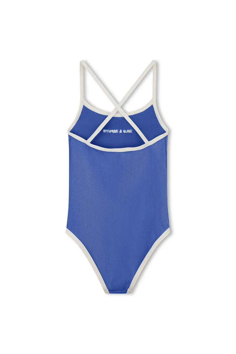 Zulu & Zephyr Girls Mini Stripe Logo One Piece - Sea Blue