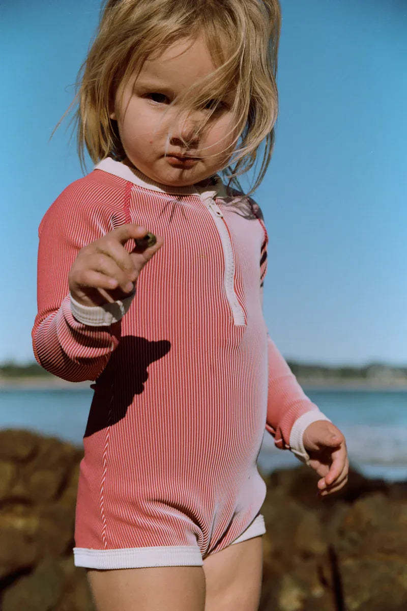 Zulu & Zephyr Girls Mini Stripe Rashie Onesie - Clay Red